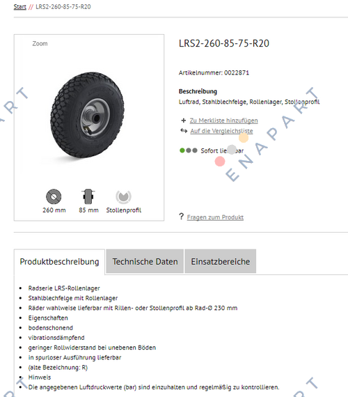 LRS2-260-85-75-R20 Rueda neumática con llanta de acero, perfil de lengüeta