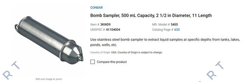 3KWD9 / 5405 Bomb Sampler, 500 ml de capacidad, 2 1/2 pulgadas de diámetro, 11 pulgadas de longitud
